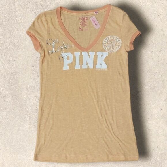 Pink LOGO ORANGE DEEP V-NECK T-SHIRT, SIZE MEDIUM, NEW WITH TAGS - Picture 1 of 7